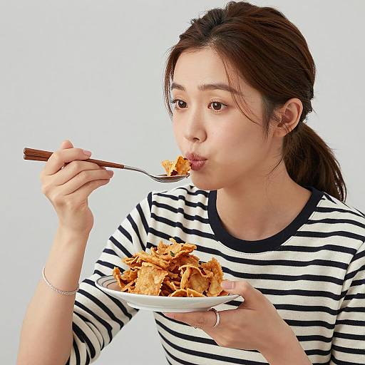 Asian Woman Enjoying Crispy Fried Food