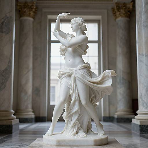 Photograph of a white marble classical statue of a dancing nude woman with flowing drapery, arms raised, in a grand marble-columned hall with
