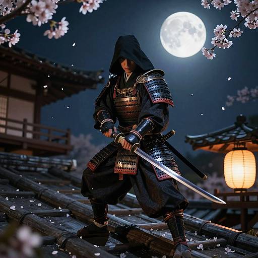 Samurai warrior in black armor with hood, holding sword, under full moon, surrounded by cherry blossoms and traditional Japanese buildings.
