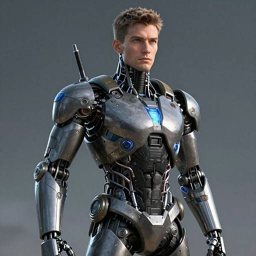 CGI image of a handsome, muscular, silver robotic man with blue glowing chest panel, short brown hair, and intense expression, standing against a gray