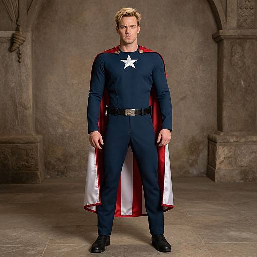 Photograph of a handsome, blond, blue-eyed man in a navy superhero costume with a red and white cape, white star, and black belt,