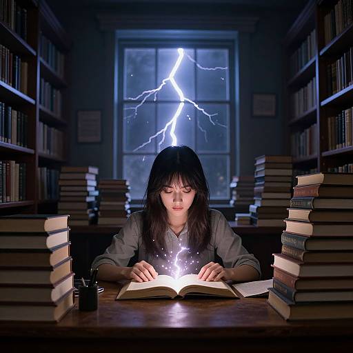 Photograph of a young woman with long black hair, wearing a gray shirt, reading a glowing book in a library, illuminated by a bright blue lightning
