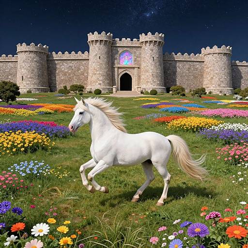 Photorealistic CGI: White horse galloping in colorful flower field, in front of medieval stone castle with arched windows and starry night sky