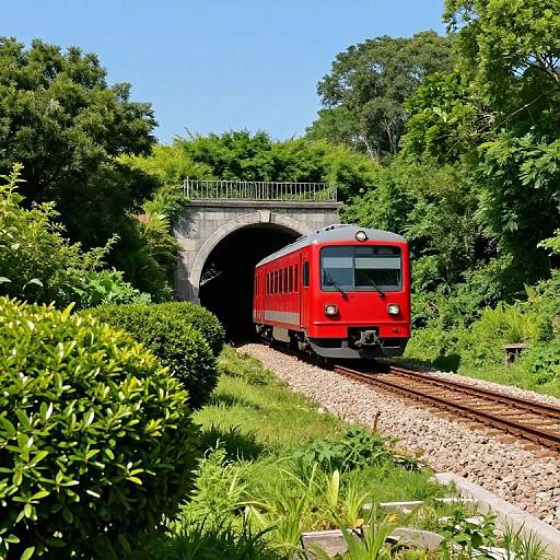 Vibrant Red Train in Lush Landscape