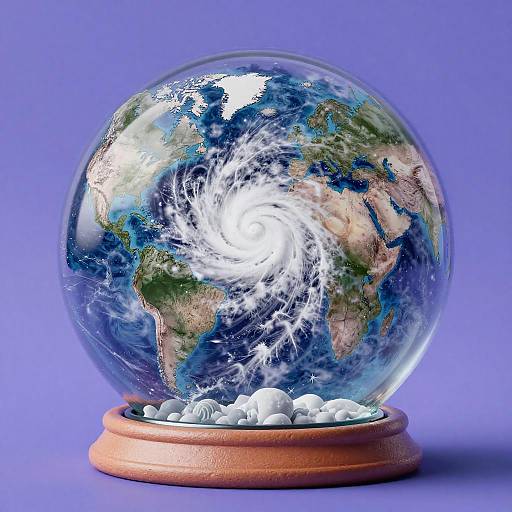 Photograph of a glass snow globe with a swirling white hurricane over a detailed Earth, on a wooden base with white pebbles, against a solid