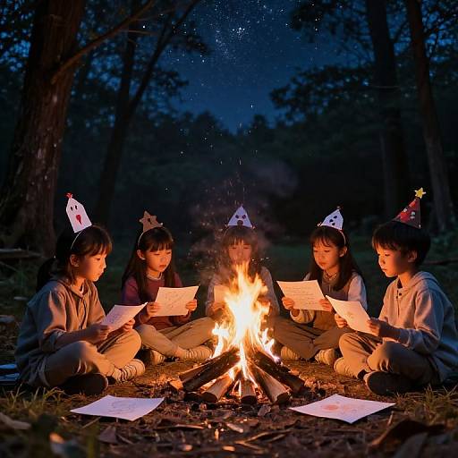 Kids Around Glowing Campfire Night