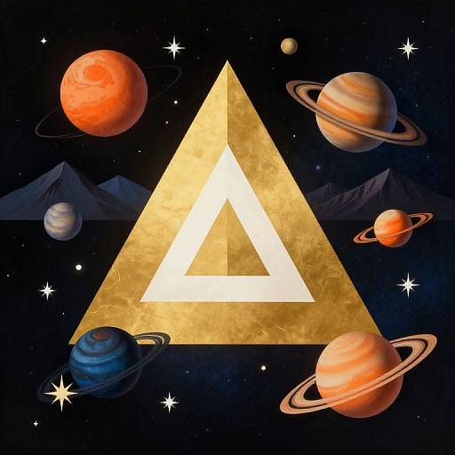 Digital illustration of a golden, glowing triangle centered in space with various colorful planets, rings, and stars around it.