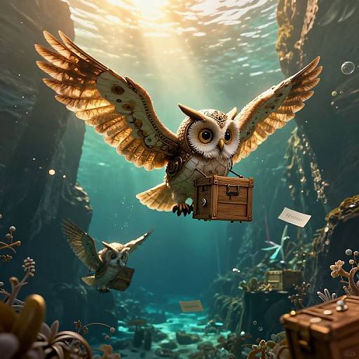 Fantasy digital artwork of two owls with brown and white feathers, carrying wooden boxes, flying through an underwater cave with sunlight rays, surrounded by floating
