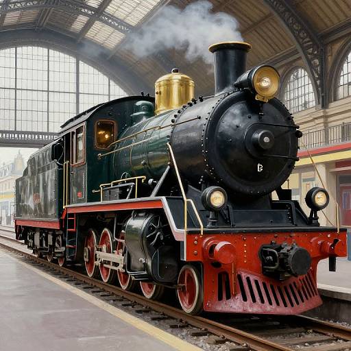 Photograph of a vintage black steam locomotive with red wheels and buffer beam, emitting white smoke, in a grand, arched railway station.