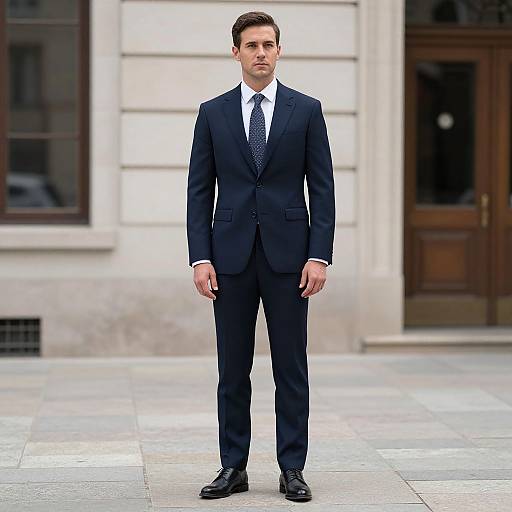 Photograph of a serious, tall, white man in a dark blue suit, white shirt, and black tie, standing on a stone-paved street