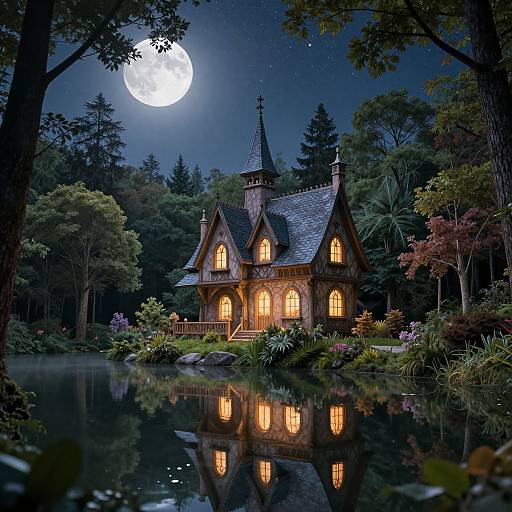 Photorealistic digital art of a glowing, wooden fairy-tale cottage by a moonlit, reflective pond, surrounded by dense, dark forest.