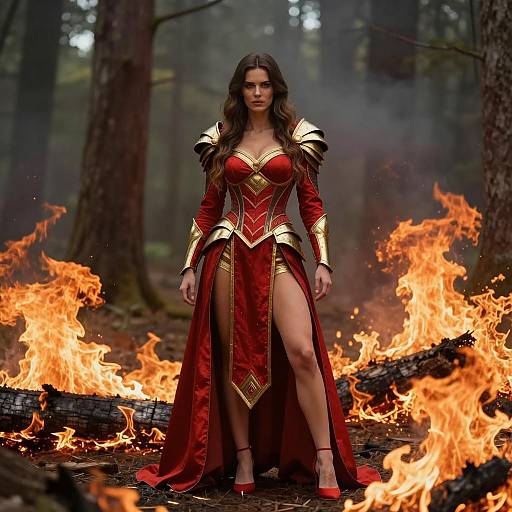 Female Warrior in Red and Gold Armor with Flames