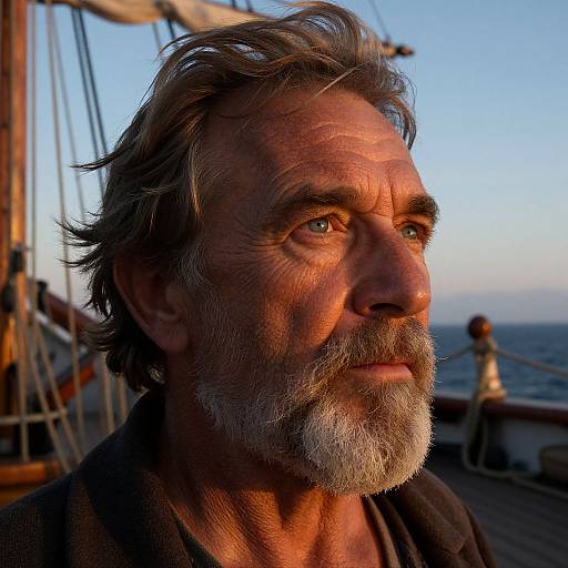 Photograph of a middle-aged man with gray beard and tousled hair, standing on a ship deck at sunset, looking into the distance. Warm golden