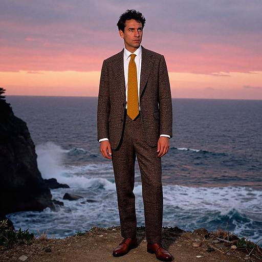 Photograph of a young man with short, curly black hair, wearing a brown checkered suit, white shirt, yellow tie, and brown shoes,