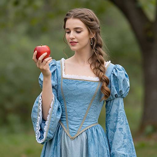Photograph of a young woman with fair skin and long brown hair in a blue Renaissance-style dress, holding a red apple, standing in a green,