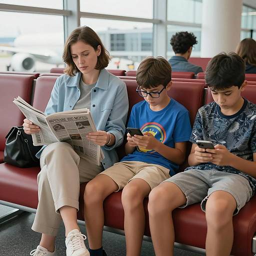 Woman and Children Waiting at Airport Terminal