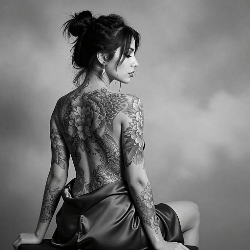 Black-and-white photograph of a tattooed Asian woman with dark hair in a messy bun, sitting back-to-camera, showcasing intricate floral tattoos on her back