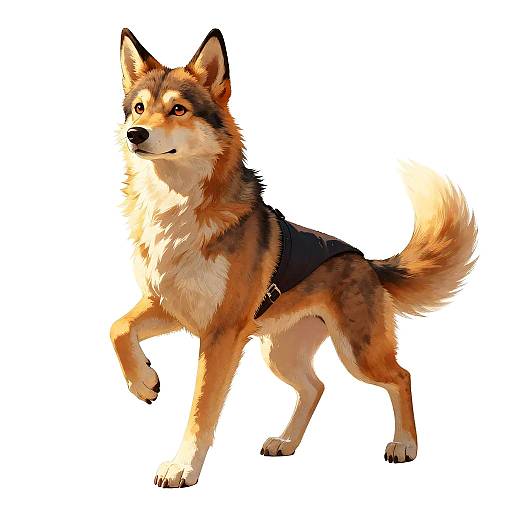 Digital painting of a standing, medium-sized, brown and white Border Collie with a black harness, looking alert with a fluffy tail and upright ears,
