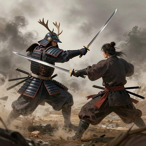 Dramatic Samurai Duel in Muddy Battlefield