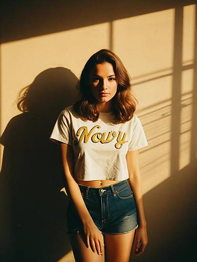 Young Woman in Navy Graphic Crop Top and Denim Shorts