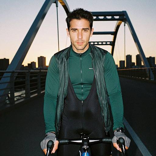Photograph of a fit, serious-looking man with short black hair, wearing a green long-sleeve shirt, black vest, and gloves, cycling