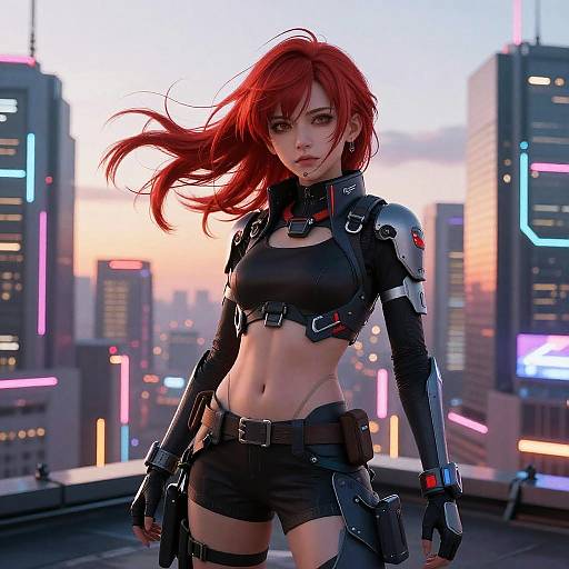 Heroic Red-Haired Anime Girl Cyberpunk