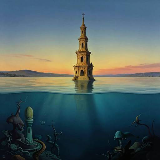 Photograph of a solitary, ornate bell tower emerging from calm water at sunset, with underwater ruins and marine life below.