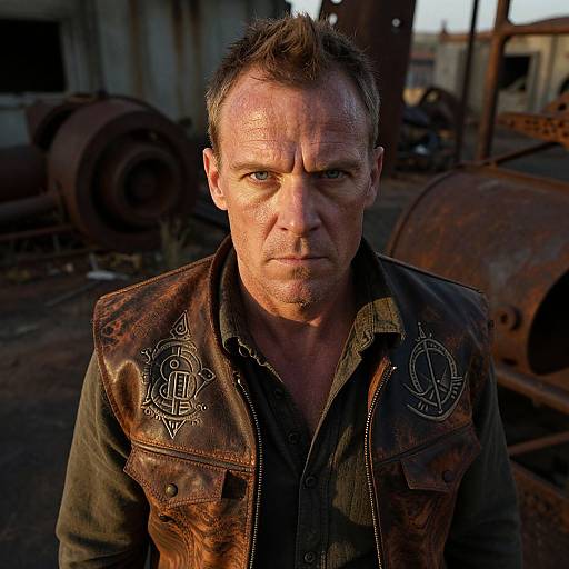 Photograph of a rugged, middle-aged man with short brown hair, intense gaze, wearing a worn brown leather vest with intricate embroidery, standing in a