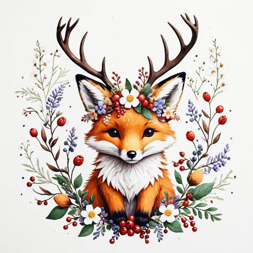 Kawaii Fox with Antlers and Wildflowers