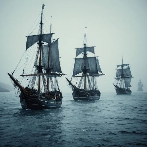Fleet of Ancient Sailing Ships on Misty Sea