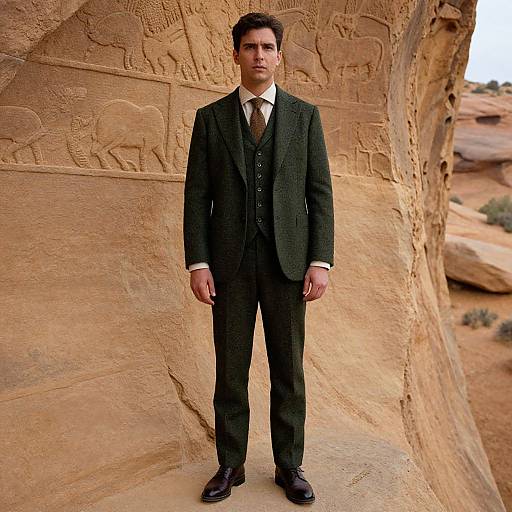 Photograph of a dark-haired man in a black suit and tie standing against a sandstone cliff with ancient carvings, in a desert landscape.