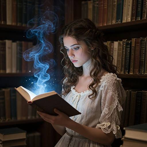 Young woman with wavy brown hair, wearing a lace white dress, reads a book emitting blue magical smoke in a dimly lit library.