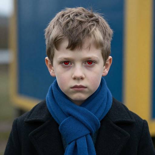 Serious Boy with Glowing Red Eyes