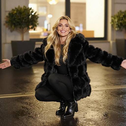 Photograph of a smiling blonde woman in a black fur coat, black pants, and black boots, squatting with arms outstretched on a wet