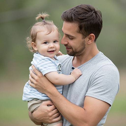 Photograph of a smiling brown-haired toddler with a topknot, wearing a light blue shirt, being gently held by a bearded man in a