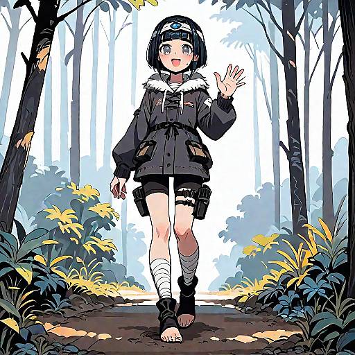 Anime Girl Waving in Forest