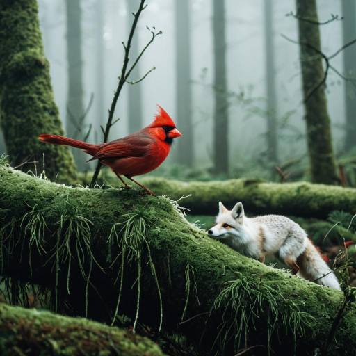 Red Cardinal and White Fox in Foggy Forest