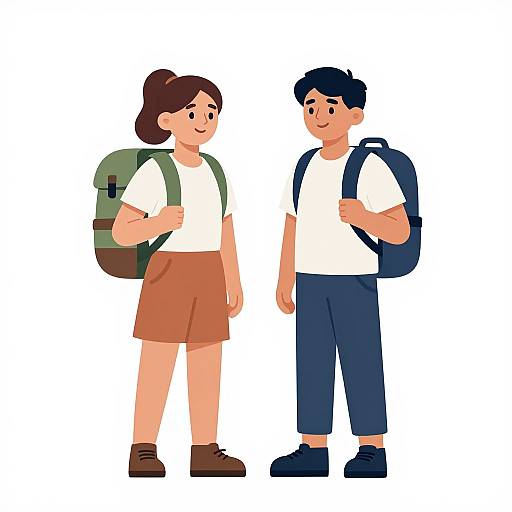Digital illustration of a smiling couple standing side by side, both wearing backpacks and casual clothes, against a white background.