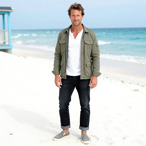 Photograph of a smiling, bearded man with short brown hair, wearing a green jacket, white shirt, black pants, and striped shoes, standing