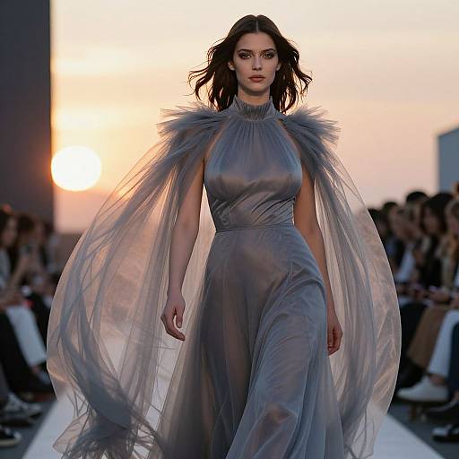 Photograph of a confident brunette woman with wavy hair, wearing a sheer, gray, floor-length gown with voluminous, feather-like shoulders, walking