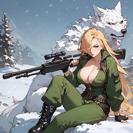 Blonde Sniper with White Wolf in Snowy Tundra