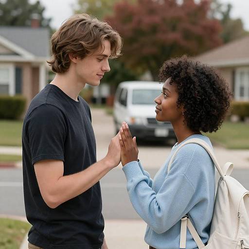 Suburban Moment: Interracial Couple Touching Hands