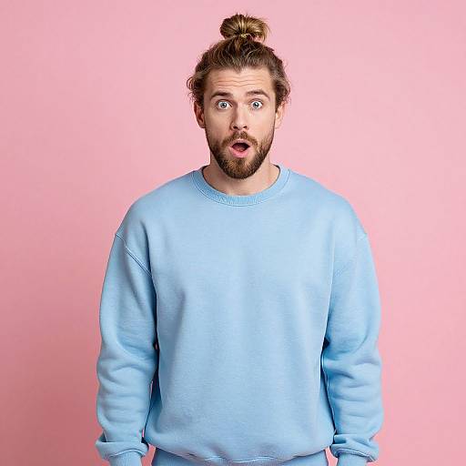 Photograph of a surprised man with a top knot, beard, wearing a light blue sweatshirt, against a solid pink background.