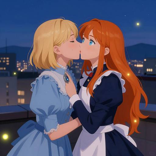 Digital anime artwork of two girls, one with short blonde hair in a blue dress, the other with long red hair in a black maid outfit, kissing