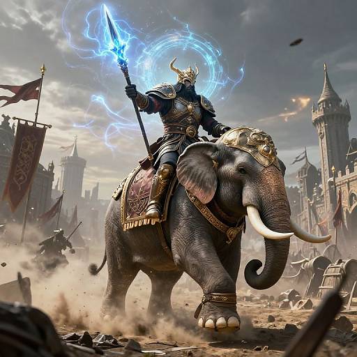 Digital fantasy artwork: armored warrior with horned helmet, holding blue lightning staff, riding ornate elephant, in war-torn medieval city.