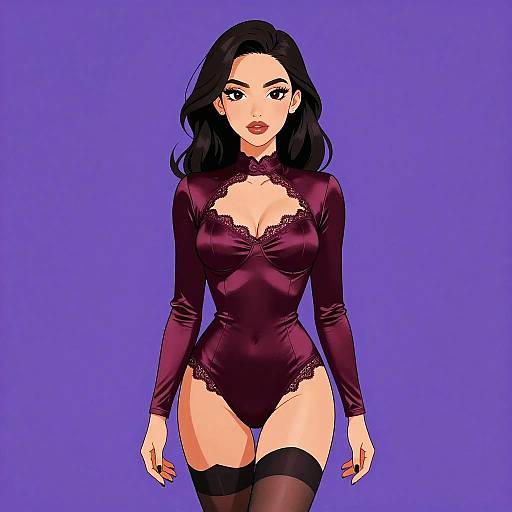 Elegant Woman in Burgundy Satin Bodysuit