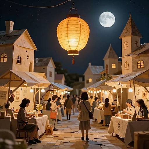Night market scene with a glowing orange lantern, full moon, and illuminated wooden booths. People sit at tables, enjoying food and drinks under starry skies