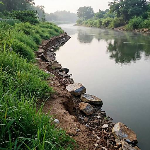 Photograph of a serene riverbank with lush green grass, large rocks, and clear water reflecting the misty, overcast sky.