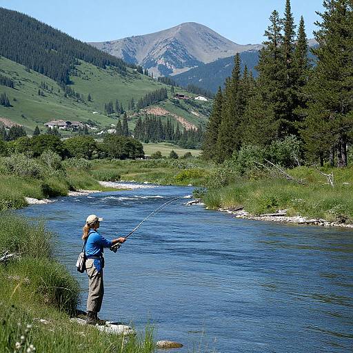 Fly Fisherwoman in Serene Mountain Landscape