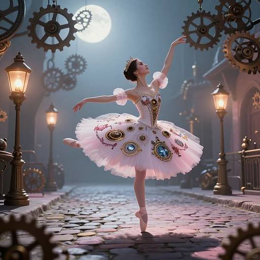 Steampunk ballerina in a white tutu with clockwork embellishments, dancing under a full moon on a cobblestone street with vintage